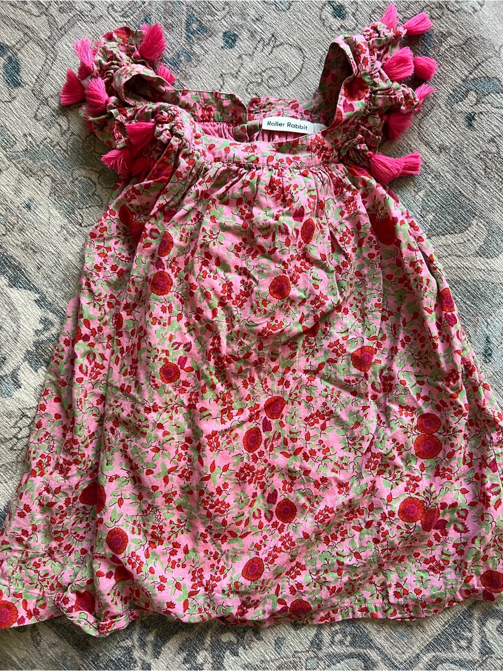 Roller Rabbit Pink Floral Block Print Tassel Dress Girls Size 6